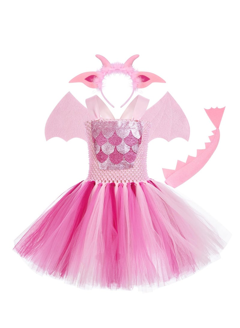 Excefore Animal Cosplay Dress, Pink Dinosaur Headband, Wings, Tail, Dress, Suitable for Kid Performance Cosplay - Image 1