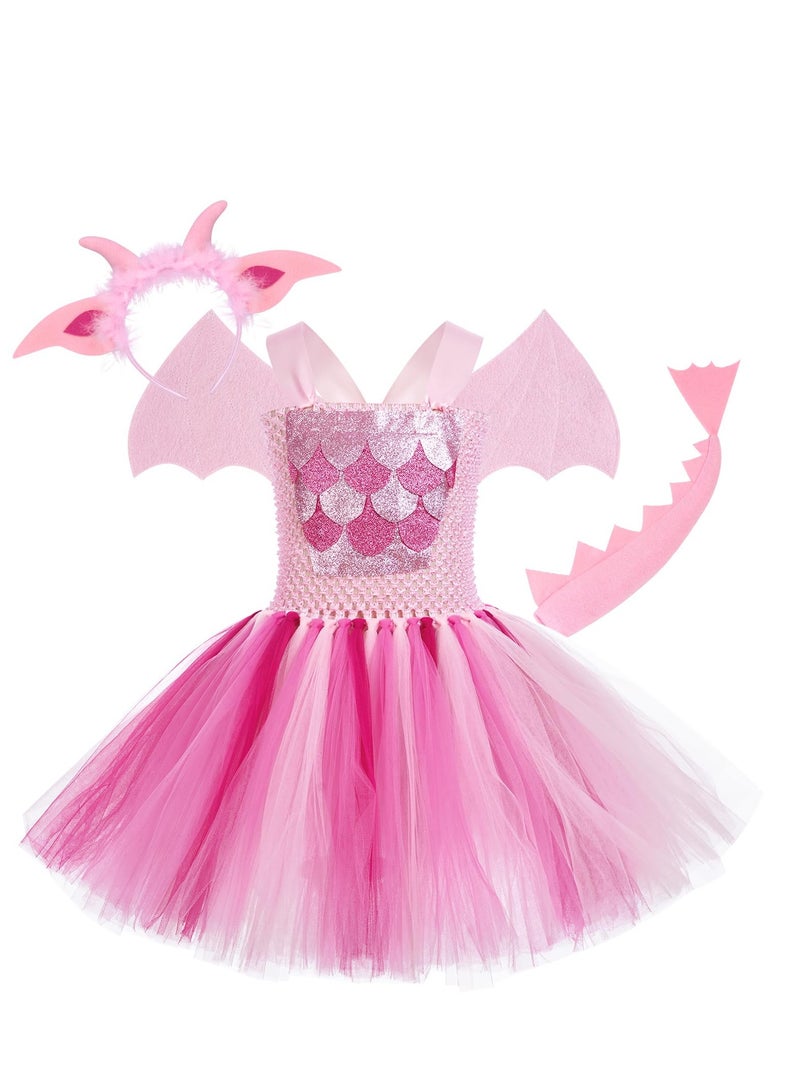 Excefore Animal Cosplay Dress, Pink Dinosaur Headband, Wings, Tail, Dress, Suitable for Kid Performance Cosplay - Image 2