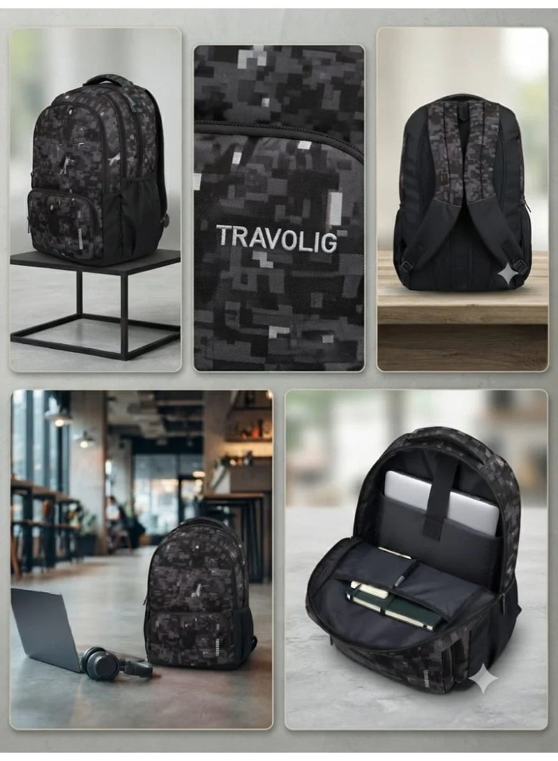 Travolic Travolic Digital Camo Print Multi-Compartment School Backpack - Black/Grey