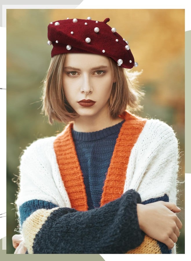 Vabean Wool Berets Pearl Beaded Cap Beanie Sweet Elegant French Beret Artist Pearl Hat for Women Lady(Chic Color,6 Pcs) - Image 2