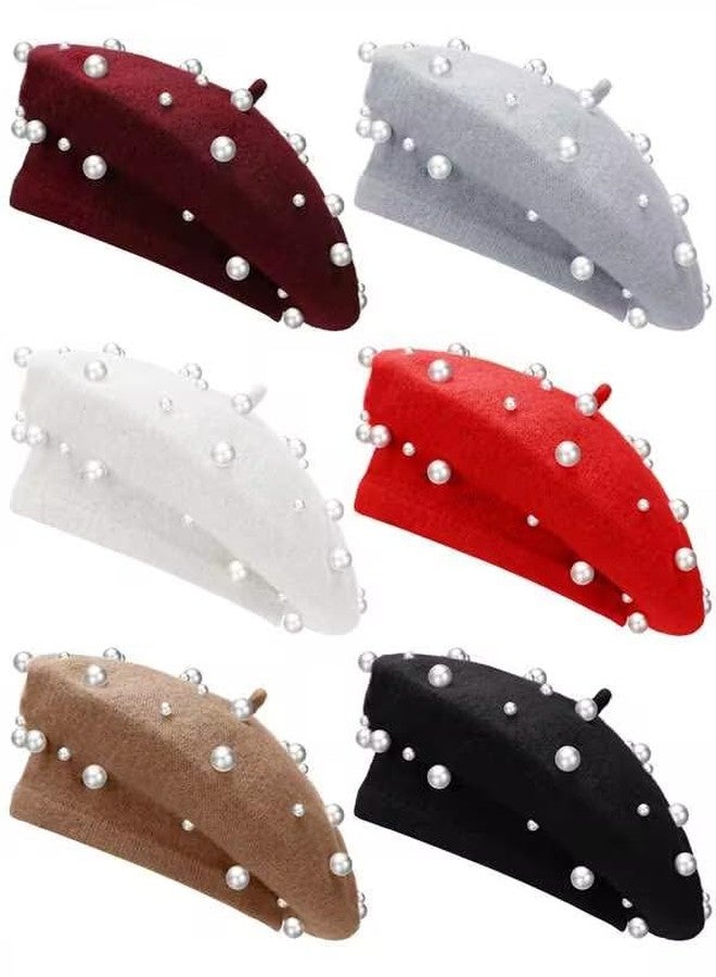 Vabean Wool Berets Pearl Beaded Cap Beanie Sweet Elegant French Beret Artist Pearl Hat for Women Lady(Chic Color,6 Pcs) - Image 1