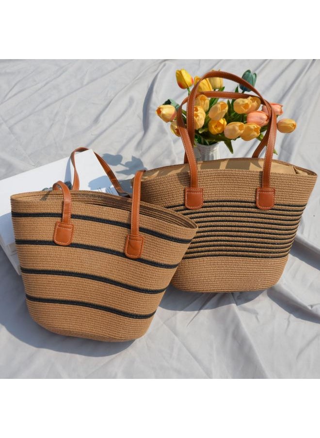 Loquat Summer Hand-woven Underarm Bag Large Capacity Striped Women's Bag Vegetable Basket Style Beach Bag-Color:Small Beige Stripes (without Silk Scarves)-Size:Small Size 35*11*20  - Image 2