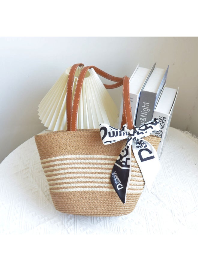 Loquat Summer Hand-woven Underarm Bag Large Capacity Striped Women's Bag Vegetable Basket Style Beach Bag-Color:Small Beige Stripes (without Silk Scarves)-Size:Small Size 35*11*20  - Image 1
