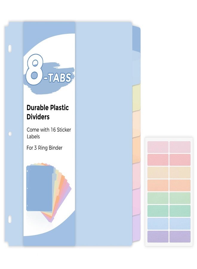 SKYDUE Durable Plastic 8-Tab Dividers, Big Tab Dividers for 3 Ring Binder, Write & Erase 3 Ring Binder Dividers with Tabs, with Sticker Labels, 1 Set, Pastel Color - Image 1