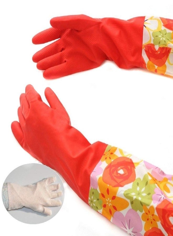 Home Style 3 Pair Decorative Boutique Latex Cleaning Dishwashing Gloves With Fancy Cuff with Flock Lining - Image 2