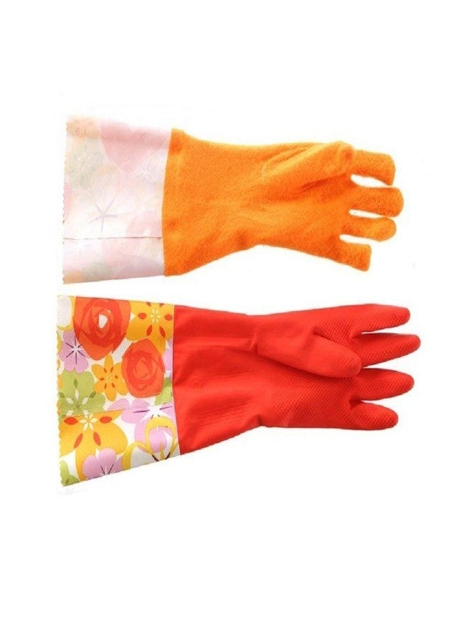 Home Style 3 Pair Decorative Boutique Latex Cleaning Dishwashing Gloves With Fancy Cuff with Flock Lining - Image 3