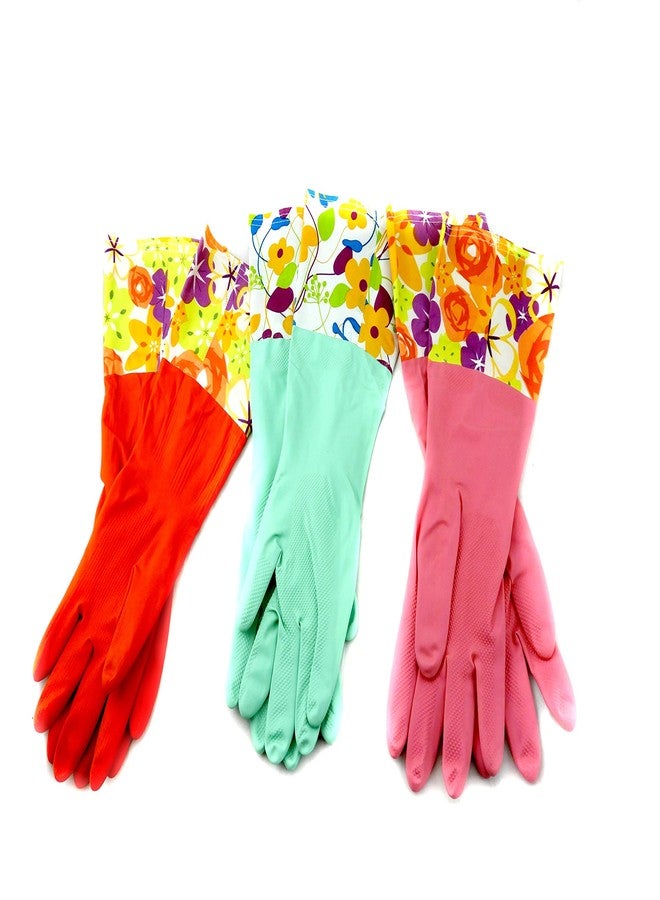 Home Style 3 Pair Decorative Boutique Latex Cleaning Dishwashing Gloves With Fancy Cuff with Flock Lining - Image 1