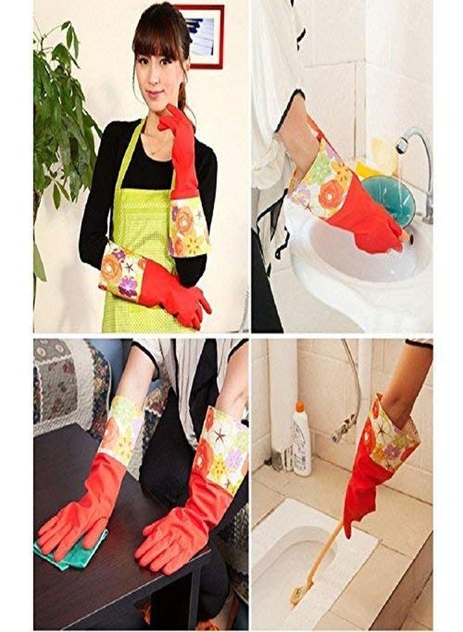 Home Style 3 Pair Decorative Boutique Latex Cleaning Dishwashing Gloves With Fancy Cuff with Flock Lining - Image 5