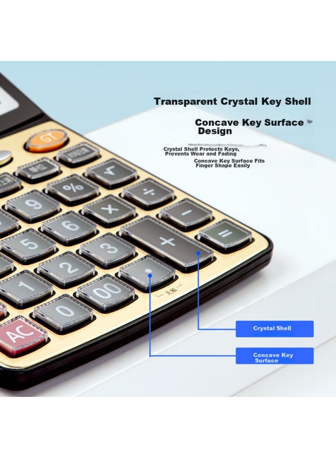 ديلي Deli Large Screen Gold Panel Voice Calculator، مكتب الطالب/المالي، شاشة عرض 12 أرقام مع صوت حقيقي، لوازم القرطاسية المكتبية، حجم كبير، 27559 - Image 4