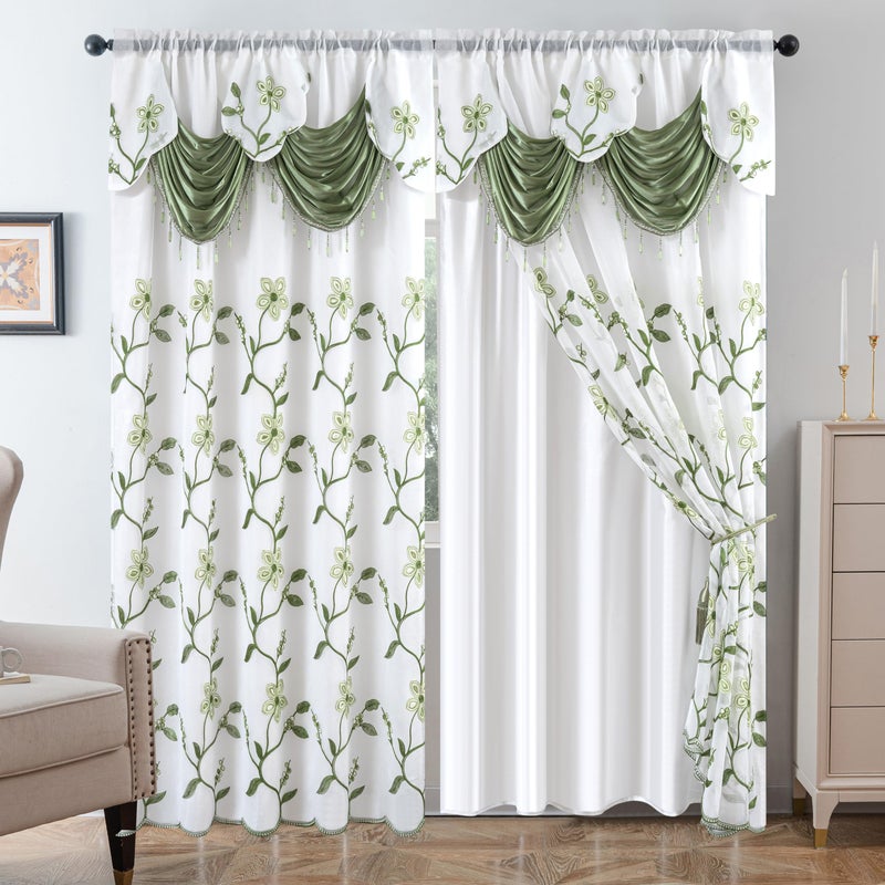 Petrichor Embroidered Sheer Curtain 2 Panels Set - Luxury Window Curtain Attached Valance with Satin Backing and 2 Tie Backs for Living Room,Dining Room, 54x84 inches, Sage Green - Image 1