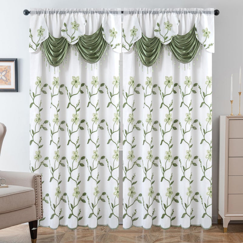 Petrichor Embroidered Sheer Curtain 2 Panels Set - Luxury Window Curtain Attached Valance with Satin Backing and 2 Tie Backs for Living Room,Dining Room, 54x84 inches, Sage Green - Image 2