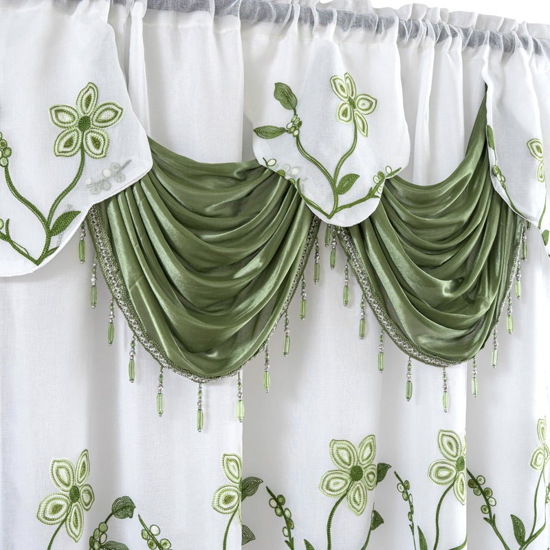 Petrichor Embroidered Sheer Curtain 2 Panels Set - Luxury Window Curtain Attached Valance with Satin Backing and 2 Tie Backs for Living Room,Dining Room, 54x84 inches, Sage Green - Image 4
