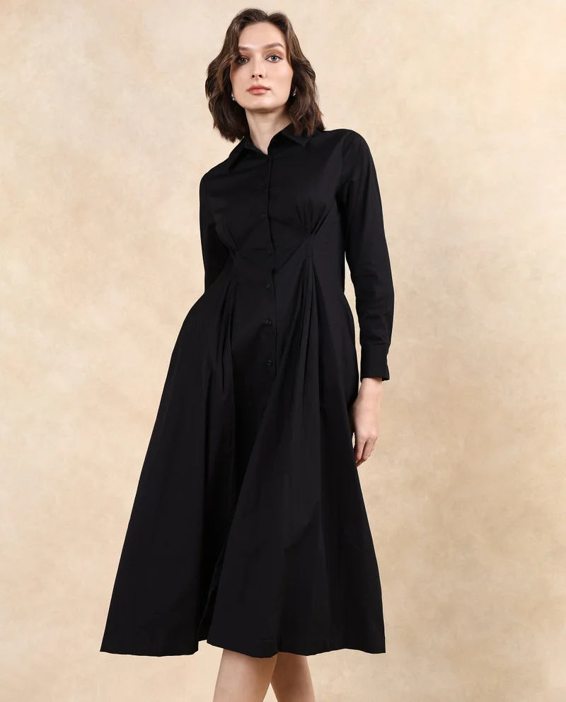 Rareism Rareism Women Libz Black Cotton Fabric Cuffed Sleeve Collared Neck Button Closure Fit And Flare Midi Plain Dress