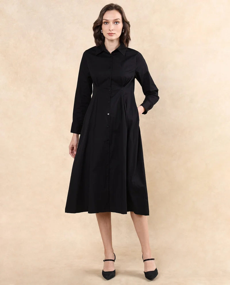 Rareism Rareism Women Libz Black Cotton Fabric Cuffed Sleeve Collared Neck Button Closure Fit And Flare Midi Plain Dress