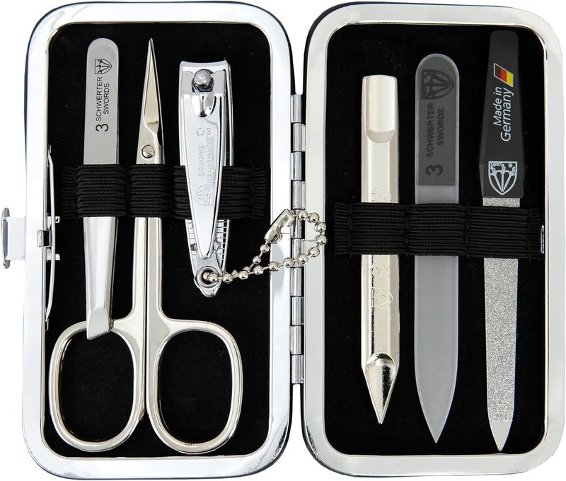 3 Swords Germany brand quality 6 piece manicure pedicure grooming kit set scissors metal and glass nail file clipper tweezers with synthetic leather case black
