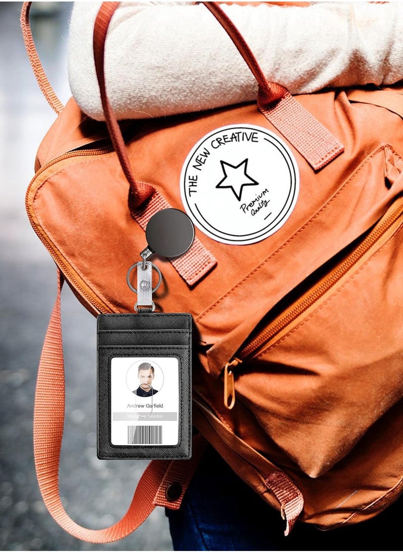 MJZ - 2pcs Heavy Duty Vertical ID Card Holder Metal Retractable Badge Holder Reel with Belt Clip Key Ring, Waterproof Clear and PU Leather Badge Holder - Image 1