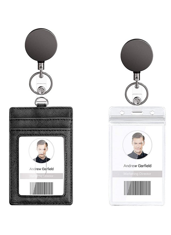 MJZ - 2pcs Heavy Duty Vertical ID Card Holder Metal Retractable Badge Holder Reel with Belt Clip Key Ring, Waterproof Clear and PU Leather Badge Holder - Image 1