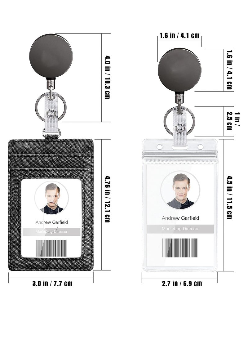 MJZ - 2pcs Heavy Duty Vertical ID Card Holder Metal Retractable Badge Holder Reel with Belt Clip Key Ring, Waterproof Clear and PU Leather Badge Holder - Image 1