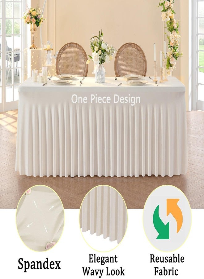 Htper 2 Pack Spandex Ivory Table Clothes for 8 Foot Rectangle Tables, Stretch Table Cloth 8ft Fitted Table Cover Desk Skirt for Parties Weddings Birthday Banquet Baby Shower - Image 3