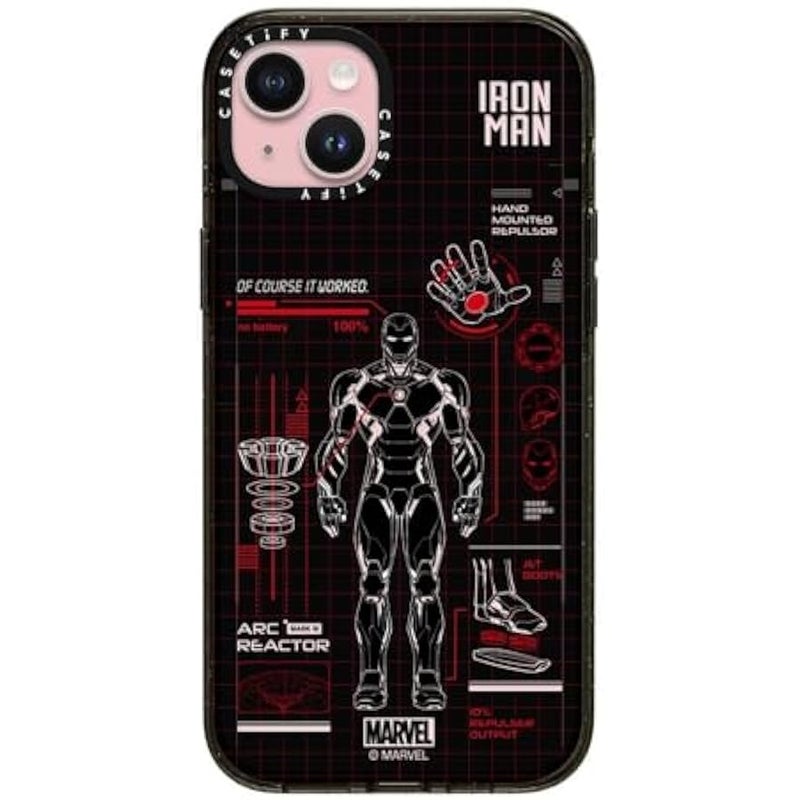 Casetify Impact iPhone 15 Plus Case 【Iron Man Co-Lab / 4X Military Grade Drop Tested / 8.2ft Drop Protection/Compatible with Magsafe】 - Iron Man Blue Print Tech - Red - Clear Black - Image 1
