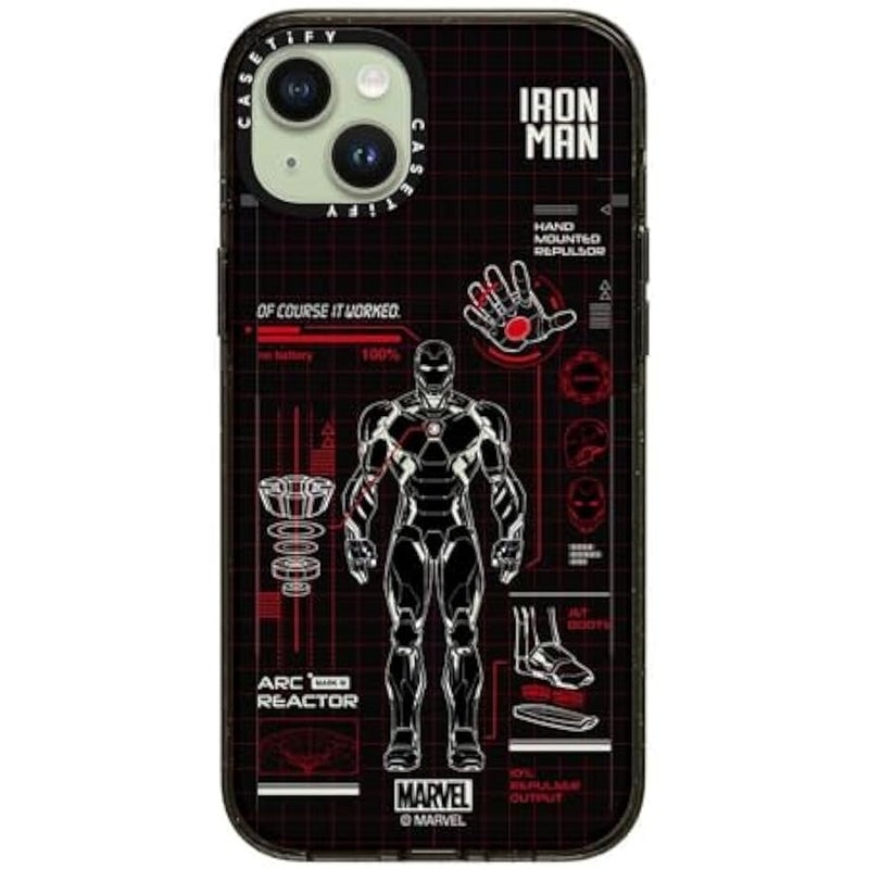 Casetify Impact iPhone 15 Plus Case 【Iron Man Co-Lab / 4X Military Grade Drop Tested / 8.2ft Drop Protection/Compatible with Magsafe】 - Iron Man Blue Print Tech - Red - Clear Black - Image 3
