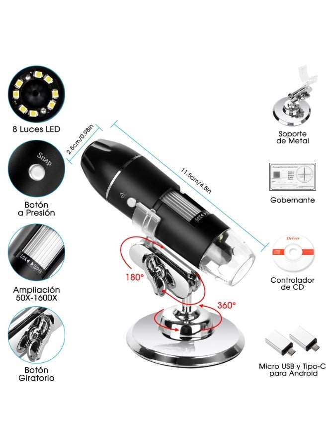 ميكروسكوب رقمي محمول بعدسة USB – مكبر إلكتروني مزود بإضاءة LED وقاعدة تثبيت متوافق مع أنظمة التشغيل المختلفة - Image 1
