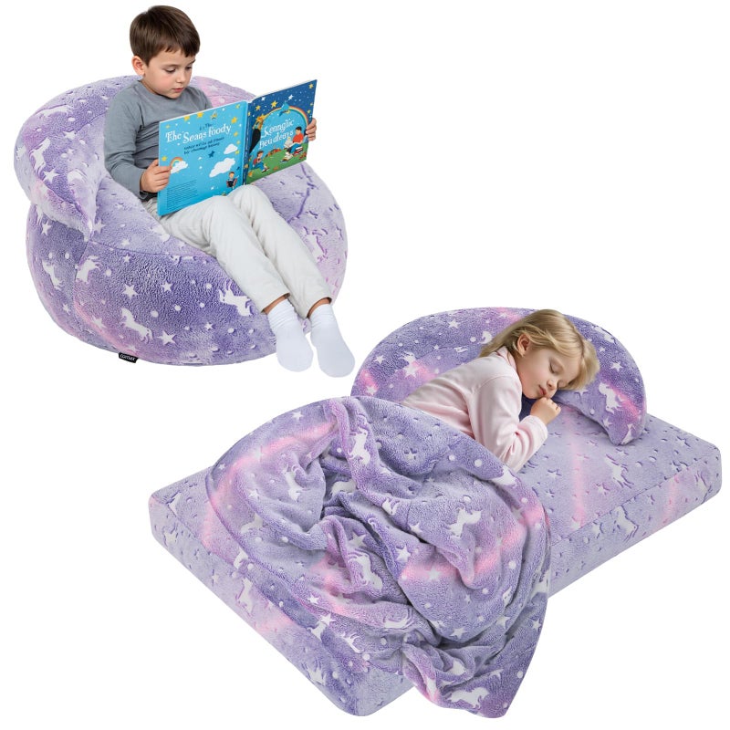 COMAX Bean Bag Chair for Kids, Dinosaur Convertible Toddler Beanbag Bed, Children Bean Chair Stuffed to Floor Mattress with Filler, Purple Unicorn - Image 1