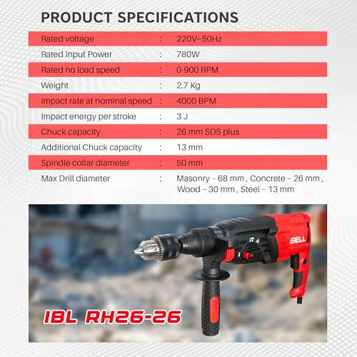 IBELL TOOLS IBELL Rotary Hammer Drill RH26-26, 780W, Copper Armature, SDS Plus Chuck :26 mm, 900 RPM, Impact Energy 3J with Vibration Control - Image 4