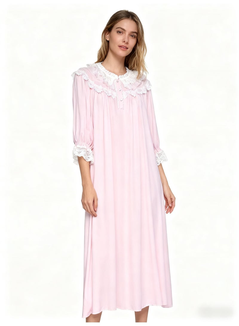 Orchid Princess Style Pink Nightgown for Women Summer Lace Long Knee-Length Sweet Pajamas Home Wear - Image 1