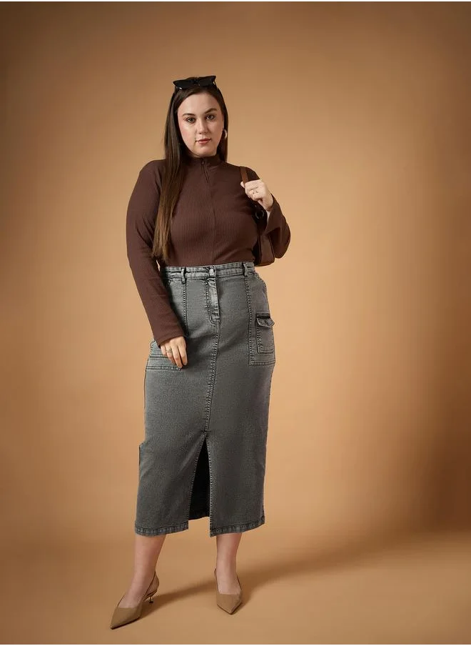 SASSAFRAS Plus Size Acid Wash Front Slit Midi Skirt by Styli