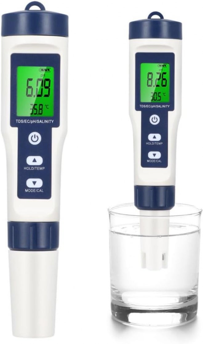 Portable 5-in-1 Water Ph, Tds, Ec, Salinity, and Temperature Tester with LCD Backlight for Pool & Drinking Water - Image 1
