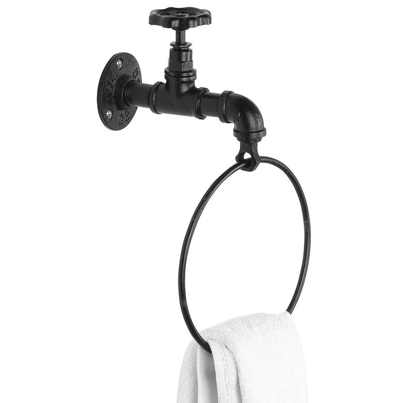 MyGift Industrial Faucet Pipe Metal Black Towel Ring, Wall Mounted Hand Towel Holder Hanging Rack - Image 1
