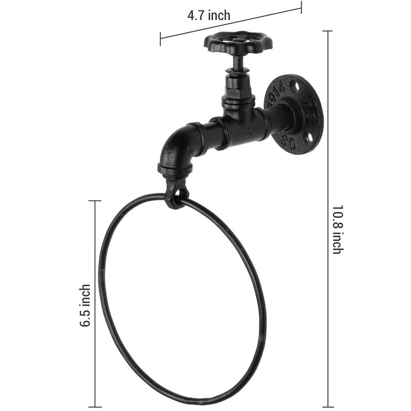 MyGift Industrial Faucet Pipe Metal Black Towel Ring, Wall Mounted Hand Towel Holder Hanging Rack - Image 4