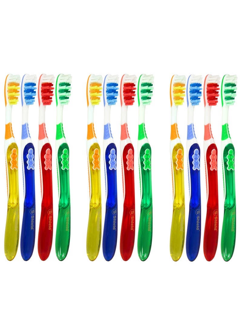 Shield Care فرشاة أسنان شيلد كير ديوال برو مع شعيرات متعددة المستويات، مقبض مضاد للانزلاق (رعاية خبراء - شعيرات ناعمة) للبالغين - أصفر، أحمر، أزرق، أخضر - 12 قطعة (عبوة من 1) - Image 1