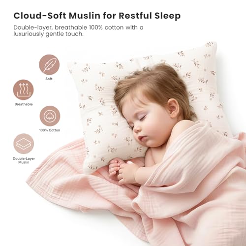 Konssy Muslin Toddler Pillowcase 13x18 2 Pack 100 Cotton Toddler Pillow Case for Kids Boys Girls Soft Snug Fit Baby Pillow Covers with Envelope Closure Pink SunBrown Leaf - Image 3