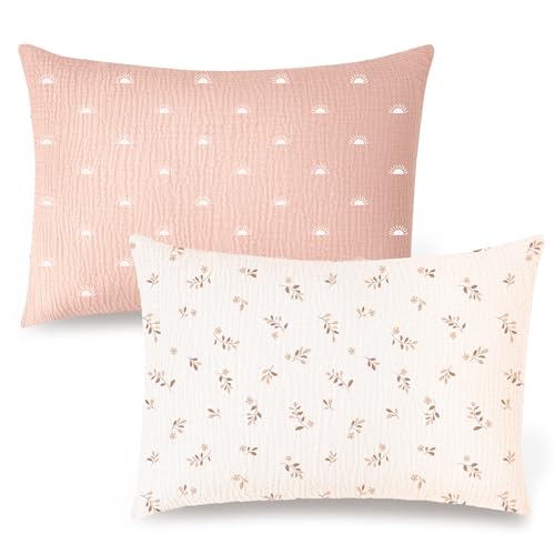 Konssy Muslin Toddler Pillowcase 13x18 2 Pack 100 Cotton Toddler Pillow Case for Kids Boys Girls Soft Snug Fit Baby Pillow Covers with Envelope Closure Pink SunBrown Leaf