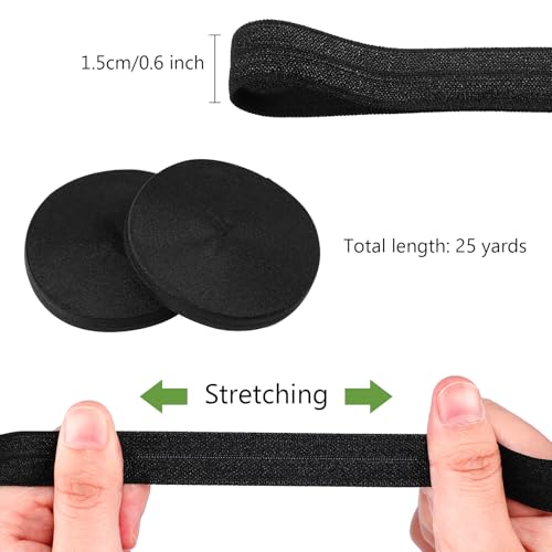 Chuangdi Wide Elastic Ribbon Band Fold Over Stretch Foldover Elastics Trim Sewing Ribbon for Hair Ties Headbands Hair Bows DIY Craft(5/8 Inch x 25 Yard,Black) - Image 2