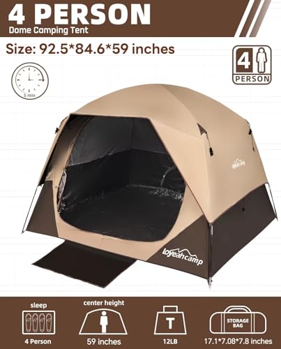 LOYEAHCAMP 4 Person Blackout Camping Tent, Easy Setup Waterproof Family Dome Tent for Camping with Rainfly, Portable Double Layer Large Family Tent for Outdoor Camping&Hiking - Image 2