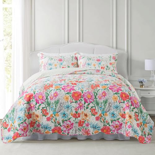 NEWLAKE Quilt Bedspread Sets- Dreamy Flowers Reversible Coverlet Set,Queen Size - Image 1