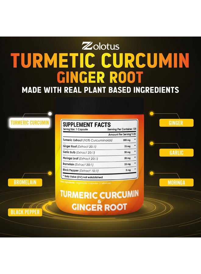 Zolotus 6 in 1 Turmeric Curcumin + Ginger Capsules, 95% Curcuminoids with Ginger, Garlic Bulb, Bromelain, Moringa, Black Pepper - 120 Capsules  - Image 4