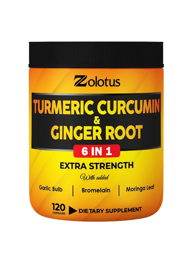 Zolotus 6 in 1 Turmeric Curcumin + Ginger Capsules, 95% Curcuminoids with Ginger, Garlic Bulb, Bromelain, Moringa, Black Pepper - 120 Capsules  - Image 1