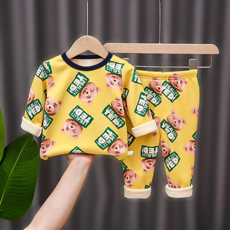 Bold N Elegant Cute Winter Warm Fleece Kid's Cartoon Print Thick Sweatshirt Tshirt and Pyjama Pant Clothing Set for Infant Toddler Boys Girls Kids (Yellow, 3-4 Years), Printed - Image 2
