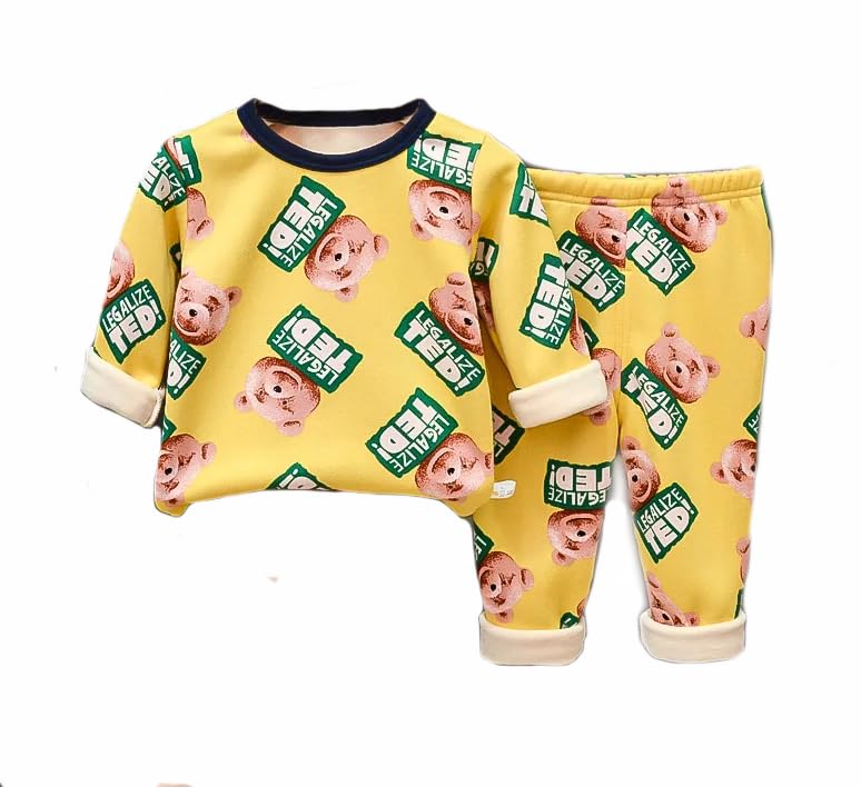 Bold N Elegant Cute Winter Warm Fleece Kid's Cartoon Print Thick Sweatshirt Tshirt and Pyjama Pant Clothing Set for Infant Toddler Boys Girls Kids (Yellow, 3-4 Years), Printed - Image 1