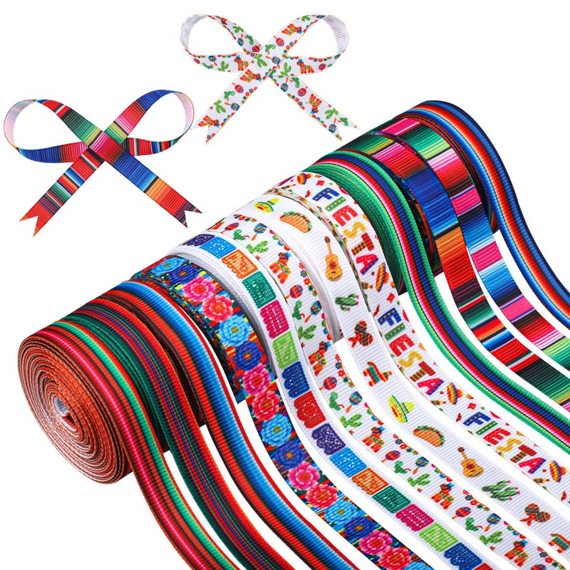 12 Rolls Fiesta Ribbon 38 Inch Mexican Serape Grosgrain Ribbons Colorful Stripes Pinata Cactus Guitar Decorative Ribbon for Cinco De Mayo Fiesta Party Mexican Theme Party Events 60 Yards