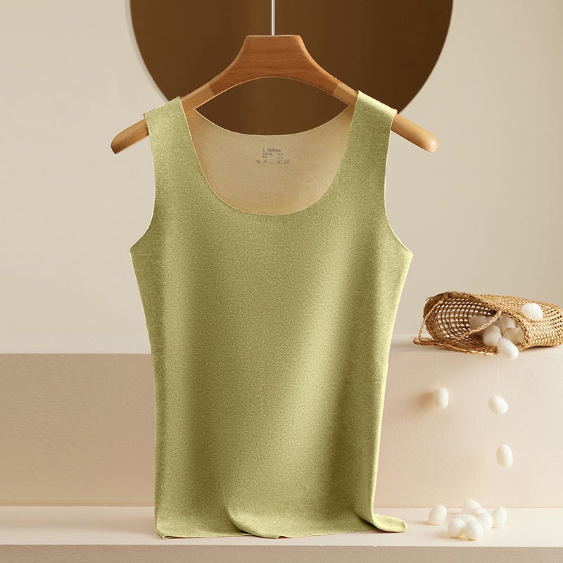 Traceless Velvet Warm Vest Women Wear Base Underwear fleece-lined Thickened AB Face plus size U Neck in Autumn and Winter 669# Matcha Green 