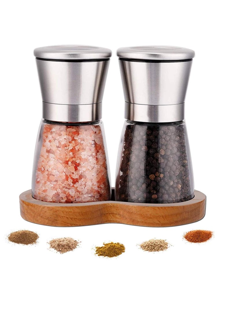 XiuWoo Stainless Steel Sea Salt & Pepper Grinder Refillable Set, Manual Adjustable Ceramic Salt and Pepper Grinders, Clear Glass Metal Pepper Mill Set - 2 Pack - Image 1