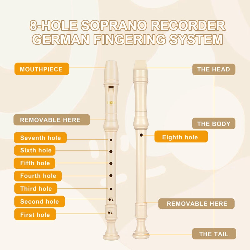 Sondery Soprano Recorder Instrument German Fingering Durable Beginner's Recorder Easy-to-Play Plastic Body Includes Fingering Chart Carry Pouch - Image 5