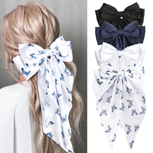 MIKONIKO Silky Satin Hair Bows for Women Girls 4PCS Ribbon Bows for Hair Big Bow Hair Clips with Long Tail Barrettes Cute Hair Accessories Gifts Black Navy Butterfly White - Image 1