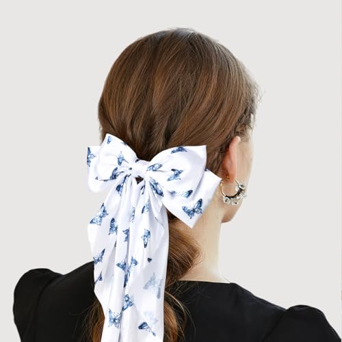 MIKONIKO Silky Satin Hair Bows for Women Girls 4PCS Ribbon Bows for Hair Big Bow Hair Clips with Long Tail Barrettes Cute Hair Accessories Gifts Black Navy Butterfly White - Image 3