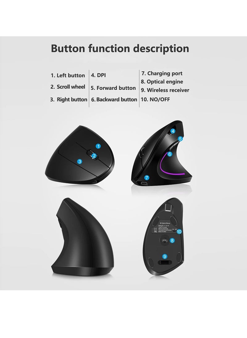 AROAQ Wireless Vertical Mouse, Rechargeable Upright Ergonomic Mouse, Dual Mode Vertical Mouse With 3 Adjustable Dpi Levels, RGB Flowing Light Plug N Play Mouse For Laptop, Desktop, Pc, (Grey) - Image 3